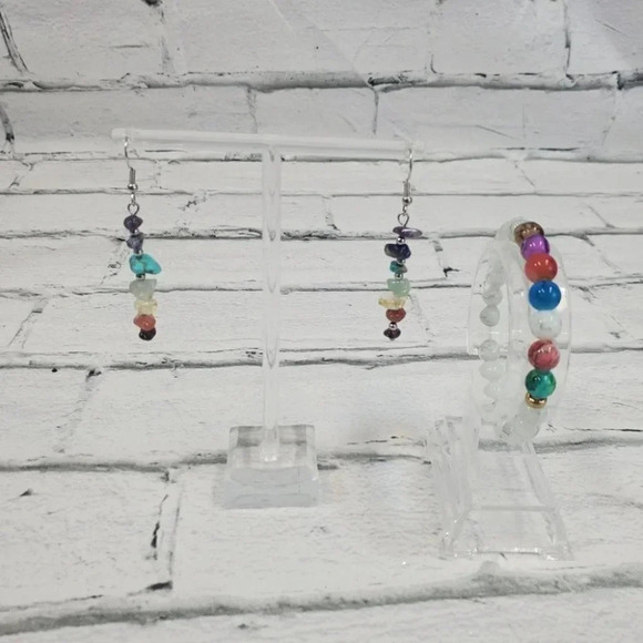 Beautiful Chakra Stones Earrings and Matching White Lava Stone Chakra Bracelet. - Picture 9 of 15